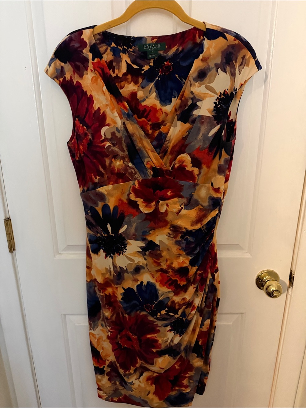 Lauren Ralph Lauren Floral Faux Wrap-Style Ruched Midi Dress in Multi-Color